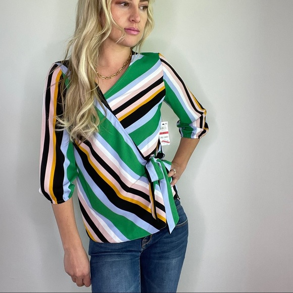 Bar III Green, Black, Blue, Yellow Striped Wrap Style Top New with Tags - Picture 11 of 12